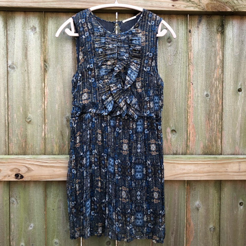 Amen Silk Ruffle Mini Dress Size S Dark Floral Metallic Button Print